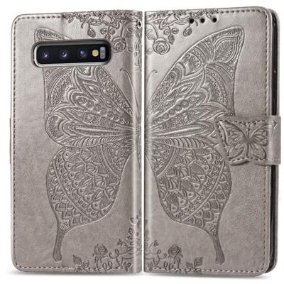 Butterfly Love bloemen reliëf horizontale Flip lederen case voor Galaxy S10 PLUS, met houder & kaartsleuven & portemonnee & Lanyard (grijs)