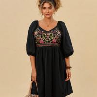 Plus Size Black Rose Floral Embroidery Boho Vacation Dress Black / 4XL