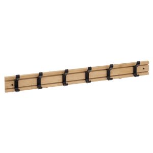 Kapstok rek voor wand/muur - lichtbruin/zwart - 6x schuifbare ophanghaken - Bamboe/ijzer - 60 x 8 cm