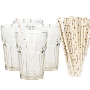 Set van 4x longdrink glazen en 100x duurzame papieren rietjes - 360 ml - Drinkglazen