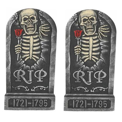 Set van 2x stuks horror kerkhof decoratie grafsteen RIP skelet met roos 32 x 65 cm