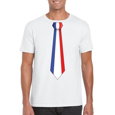 Supporters T-shirt - wit - met vlag Frankrijk kleuren stropdas - heren - korte mouw