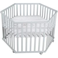 ROBA Hegaxonal Playpen - Gevoerde hoes - Olifantpatroon - 6 geremde wielen - Taupe gelakt hout