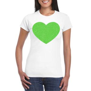 Verkleed T-shirt voor dames - hartje - wit - groen glitter - carnaval/themafeest