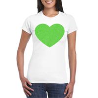 Verkleed T-shirt voor dames - hartje - wit - groen glitter - carnaval/themafeest