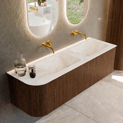 Badmeubel Mondiaz Kurve-Dlux | 145 cm | Meubelkleur Walnut | Wastafelkleur Frappe | Solid surface | Dubbele spoelbak | Zonder kraangat(en)