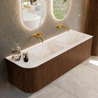 Badmeubel Mondiaz Kurve-Dlux | 145 cm | Meubelkleur Walnut | Wastafelkleur Frappe | Solid surface | Dubbele spoelbak | Zonder kraangat(en)