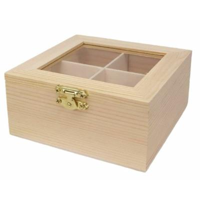 Theedoos - 4-vaks - naturel - hout - 12 x 12 x 5 cm - theekist- onbedrukt