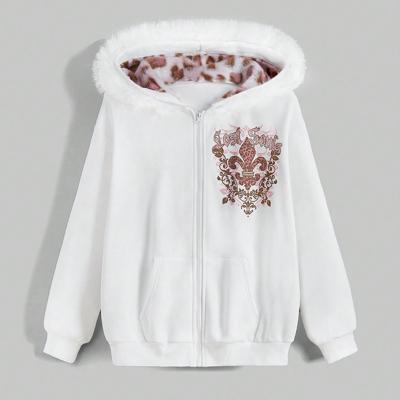Bon&Bon Fairycore Leopard Print Oversized Zip Up Faux Fur Hoodie White / XS