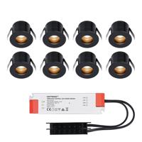 Set van 8 Olivia LED Mini Inbouwspots met Trafo - 12 Volt 3 Watt 150 lumen - Verzonken - Plat 36mm - 2700K - IP44 waterdicht - Niet Dimbaar - Zwart