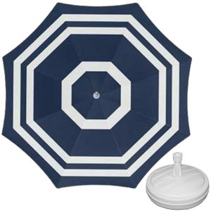 Parasol - blauw/wit - D180 cm - incl. draagtas - parasolvoet - 42 cm