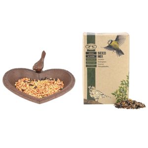 Vogelbad/voederschaal hart gietijzer 17 x 15 cm met 2.5 kilo vogelvoer