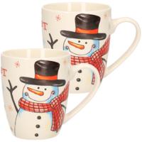 Kerst mok - 2x stuks - sneeuwpop - 8 x 10 cm - porselein - 300 ml - beker - koffiemok