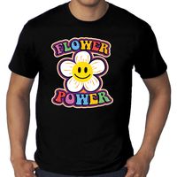 Grote Maten jaren 60 Flower Power verkleed shirt zwart met emoticon bloem heren