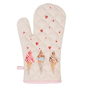 Clayre & Eef Ovenwant 18x30 cm Beige Roze Katoen Ijsjes Ovenhandschoen Beige Ovenhandschoen