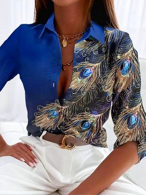 Casual Shirt Collar Feather Pattern Blouse Casual Shirt Collar Feather Pattern Blouse