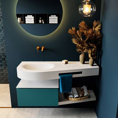 MONDIAZ RIVA 120cm badmeubel onderkast / planchet kleur Smag met 1 lade. Wastafel DULCET links 0 kraangaten kleur Talc.