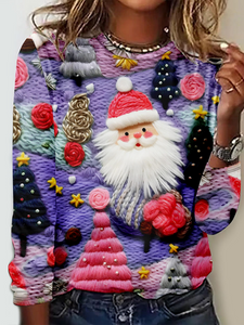 Pink Santa Claus Pattern Crew Neck Regular Fit Casual Long Sleeve Print Shirt