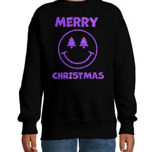 Kersttrui/sweater voor jongens/meisjes - Merry Christmas - zwart - smiley - glitter paars