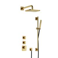 Hotbath Gal - Inbouw Regendoucheset - Geborsteld Messing PVD - 2 Stopkranen - Thermostatisch - Wandarm 35 cm - Hoofddouche 220 mm - Staafhanddouche - Glijstang 900 mm - V01