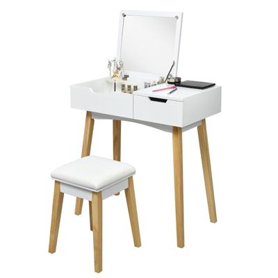Kaptafel Set met Opklapbare Spiegel Houten Kaptafel met Gedempte Kruk Opvouwbaar Bureau met Lade 74 x 40 x 115 cm