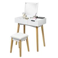 Kaptafel Set met Opklapbare Spiegel Houten Kaptafel met Gedempte Kruk Opvouwbaar Bureau met Lade 74 x 40 x 115 cm