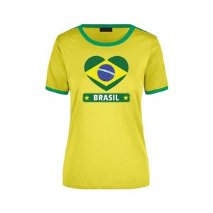 Brasil geel / groen ringer t-shirt Brazilie vlag in hart voor dames