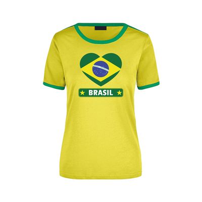 Brasil geel / groen ringer t-shirt Brazilie vlag in hart voor dames