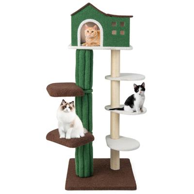 153 cm Hoge Meerlaagse Krabpaal met Huis / Sisal Beklede Krabpalen en 5 Pluche Platforms Kattenmeubel voor Huiskatten