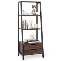 Vrijstaand Ladderrek 134 cm Boekenrek met 4 Open Planken en 2 Lades Veelzijdige Staande Kast Bruin