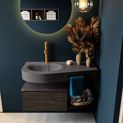 MONDIAZ RIVA 100cm badmeubel onderkast / planchet kleur Dark_Brown met 1 lade. Wastafel DULCET links 1 kraangat kleur Dark_Grey. MONDIAZ RIVA 100cm badmeubel onderkast / planchet kleur Dark_Brown met 1 lade. Wastafel DULCET links 1 kraangat kleur Dark_Grey.