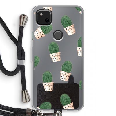Cactusprint roze: Pixel 4a Transparant Hoesje met koord