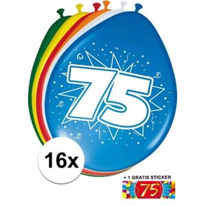 Ballonnen 75 jaar van 30 cm 16 stuks + gratis sticker