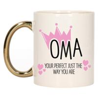 Cadeau koffie/thee mok voor oma - kroon/hartjes - goud - 300 ml - keramiek