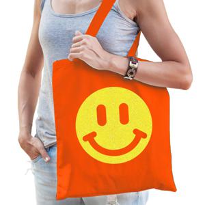 Cadeau tas voor dames - glitter smiley - oranje - katoen - 42 x 38 cm - Moederdag - verjaardag