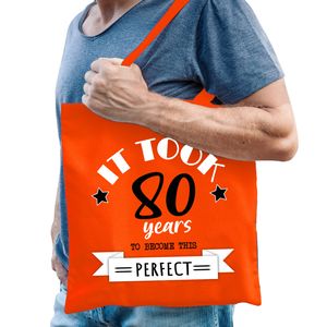 Cadeau tas voor heren - 80 en perfect - oranje - katoen - 42 x 38 cm - tachtig - shopper