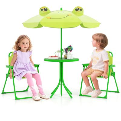4-Delige Picknickset voor Kinderen Buitenactiviteitentafel met 2 Klapstoelen en in Hoogte Verstelbare Parasol Kindertuinmeubilair