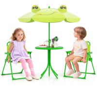4-Delige Picknickset voor Kinderen Buitenactiviteitentafel met 2 Klapstoelen en in Hoogte Verstelbare Parasol Kindertuinmeubilair