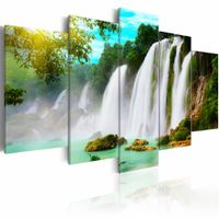Schilderij - Waterval, Blauw/Groen/Wit, wanddecoratie, 5luik , premium print op canvas - thumbnail