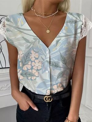 Casual Printed V Neck Short sleeve Top