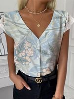 Casual Printed V Neck Short sleeve Top - thumbnail