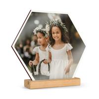 Houten fototegel met houder bedrukken - Hexagon