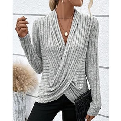 Dames Overhemd Blouse Effen blauw Grijs Lange mouw Werk Modieus V-hals Normale pasvorm Herfst winter