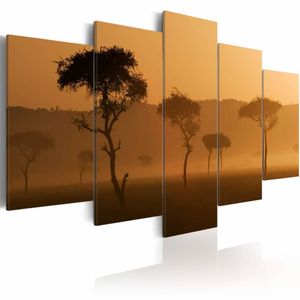 Schilderij - Mist over de Savanne, Afrika, 5luik , 2 maten , Wanddecoratie , Beige bruin