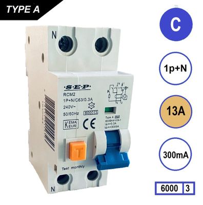 SEP Aardlekautomaat 13A C Kar 300mA 2 polig 36mm RCM2 Kema Keur 230V automaat en aardlek in een