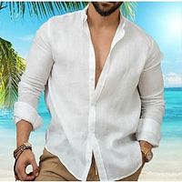 Voor heren linnen overhemd Zomer overhemd Strand Kleding Overhemd met knopen Normaal shirt Zwart Wit Roze Marineblauw Lange mouw Effen Revers Lente zomer Casual Dagelijks Kleding Lightinthebox - thumbnail