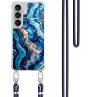 Samsung Galaxy S25 FE hoesje met donkerblauw koord - Ocean marble