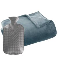 Fleece deken/plaid Grijsblauw 130 x 180 cm en een warmwater kruik 2 liter - Plaids