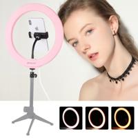 PULUZ 10 2 inch 26cm USB 3 modi Dimbare LED ring VLogging Selfie fotografie video-verlichting met koude schoen statief bal hoofd & telefoon klem (roze