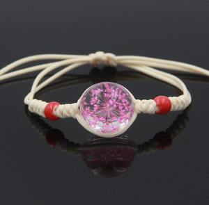 Wit Gevlochten Verstelbare Armband met Roze Gedroogde Bloem in Glas - Sieraden - Spiritueelboek.nl